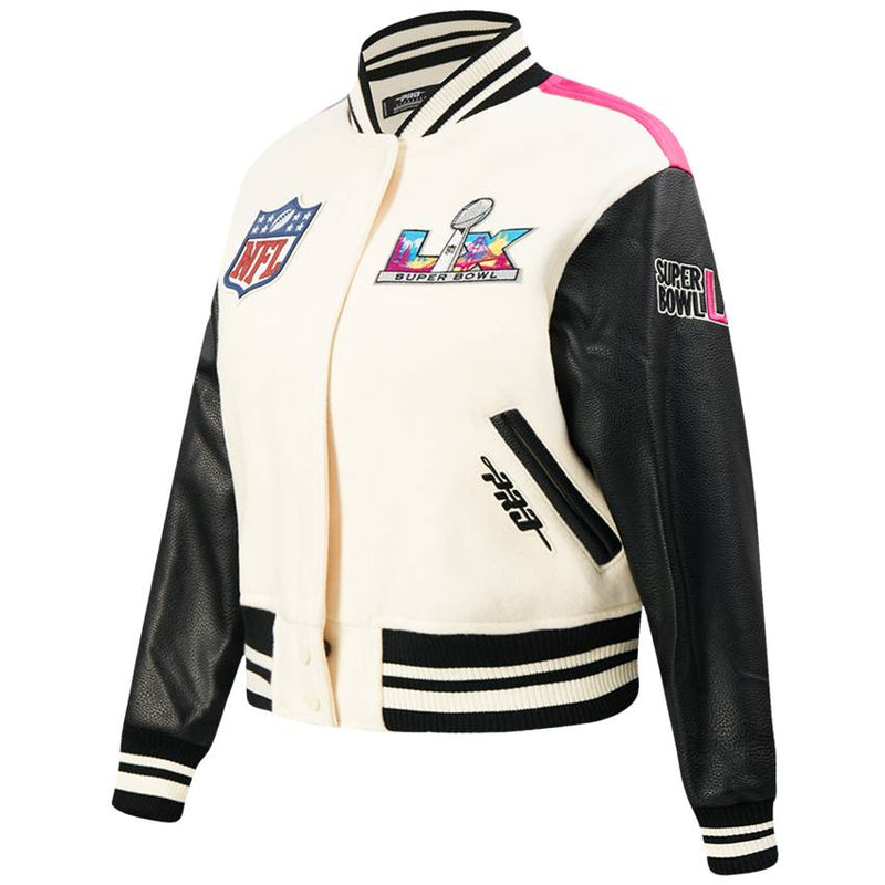 Chamarra Varsity Super Bowl LX Eggshell Pro Standard Mujer